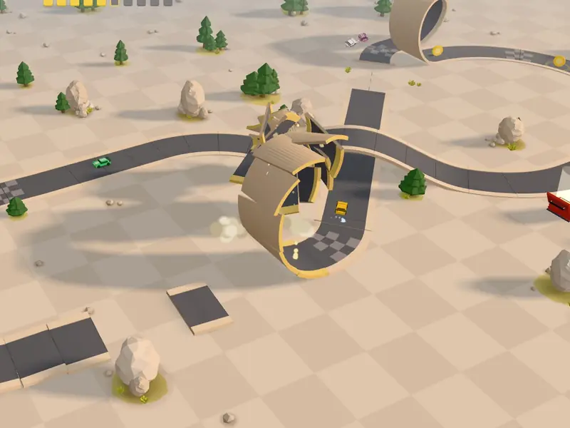 Track pieces flying in and snapping together into a wall ride