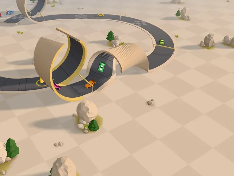 Several toy cars racing through a curved wall ride