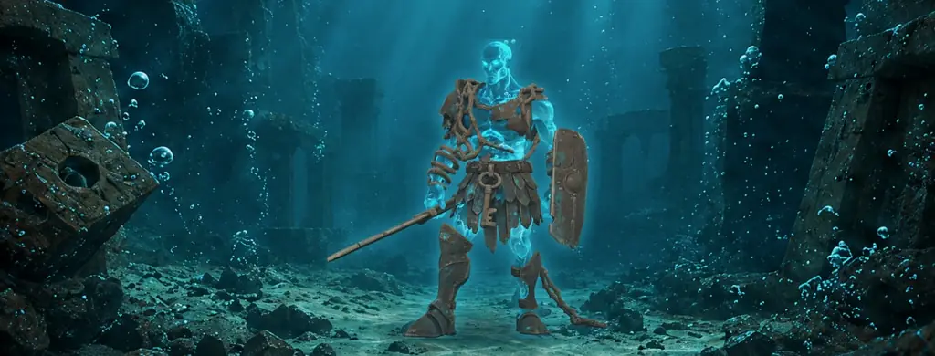 The Undrowned, a glowing drowned gladiator, standing in a sunken arena